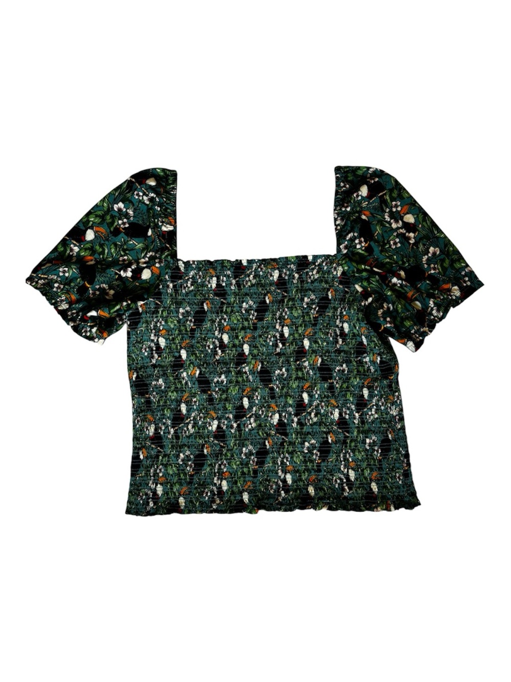dolan Dark Green Floral& Toucan Bird Smocked Square-Neck Crop Top, NWT